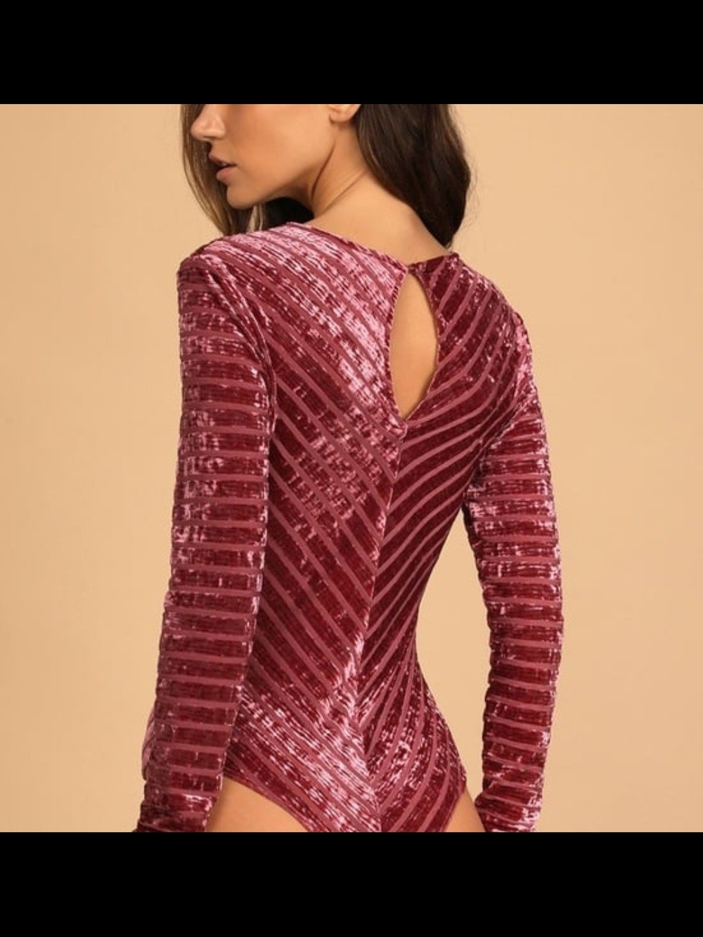 Lulus Medium Velvet Striped Long-Sleeve Keyhole Back Bodysuit-Rose Wine